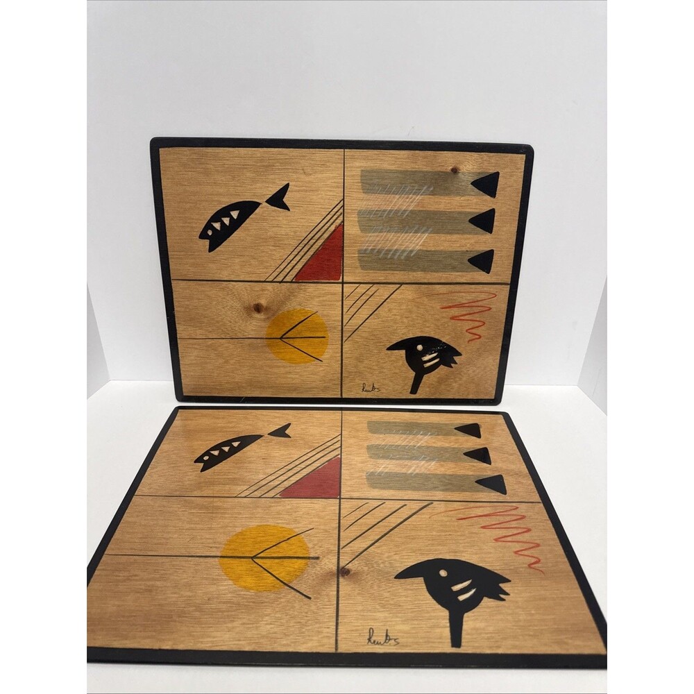 Kakadu Art Reut Shahar Lot 2 Hand‑Painted Wooden Trays 15"x12" Israel Studio Art